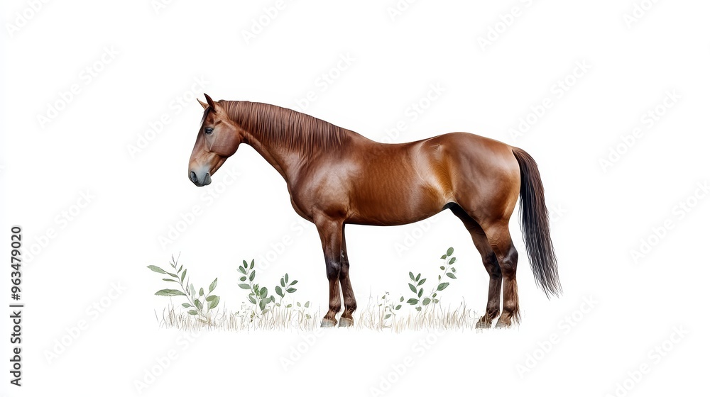 Fototapeta premium A graceful brown horse stands majestically against a pristine white backdrop, showcasing its elegance and strength. The horse is depicted in a tranquil pose, with its head lowered slightly, suggesting