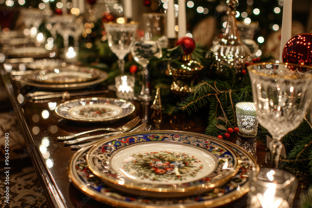An elaborate festive table arrangement with designer plates, intricate glassware, heirloom silverware, ornate candles, and luxurious holiday decor.. AI generated. An elaborate festive table arrangement with designer plates, intricate glassware, heirloom silverware, ornate candles, and luxurious holiday decor.. AI generated.