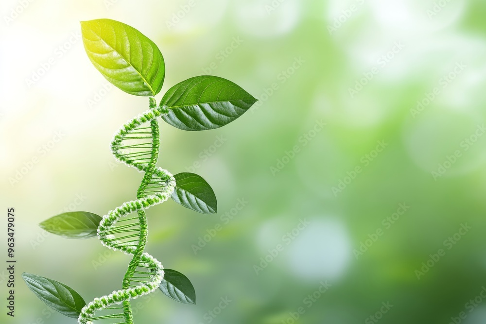 A green DNA helix intertwined with leaves, symbolizing the connection between nature, genetics, and sustainability. This image represents the potential for sustainable solutions in agriculture, biote A green DNA helix intertwined with leaves, symbolizing the connection between nature, genetics, and sustainability. This image represents the potential for sustainable solutions in agriculture, biote
