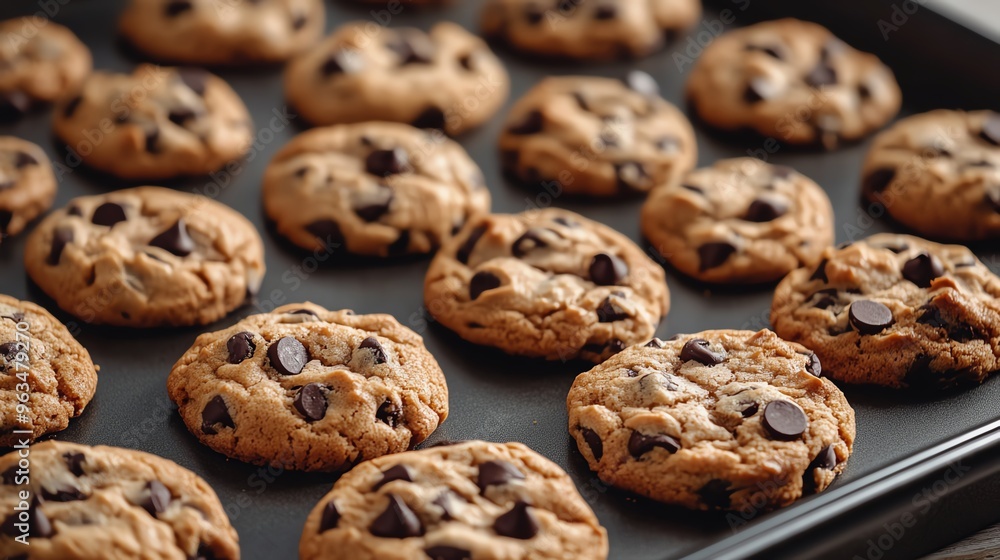 A tray of freshly baked chocolate chip cookies, perfect for your bakery or dessert project. Delicious homemade treats in a baking sheet. A tray of freshly baked chocolate chip cookies, perfect for your bakery or dessert project. Delicious homemade treats in a baking sheet.