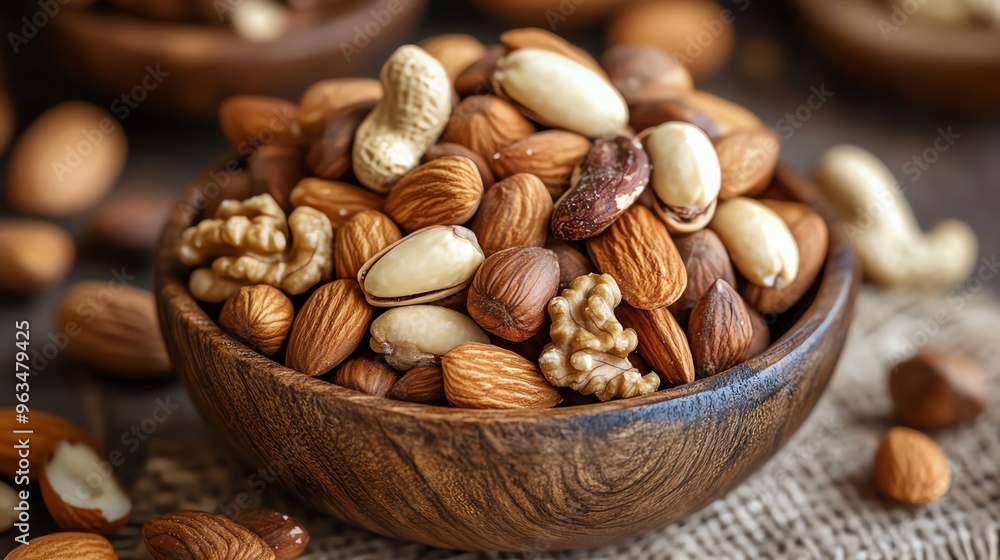 A wooden bowl filled with a variety of mixed nuts including almonds, walnuts, and cashews, on a rustic table setting. A wooden bowl filled with a variety of mixed nuts including almonds, walnuts, and cashews, on a rustic table setting.