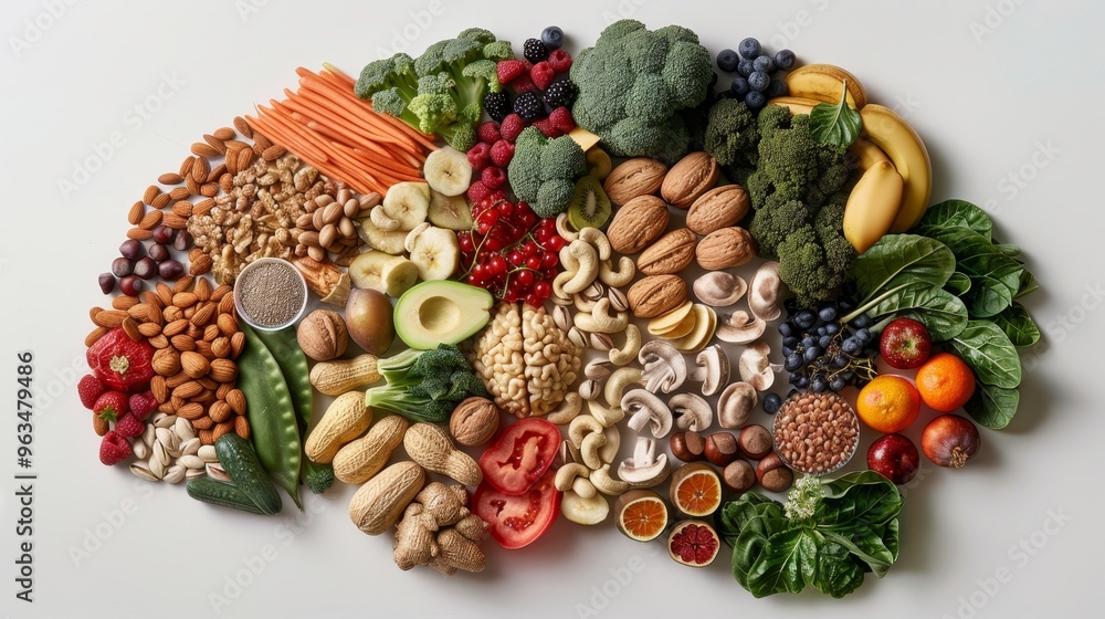 Creative digital artwork of a human brain composed of nutritious foods on a clean white background Creative digital artwork of a human brain composed of nutritious foods on a clean white background