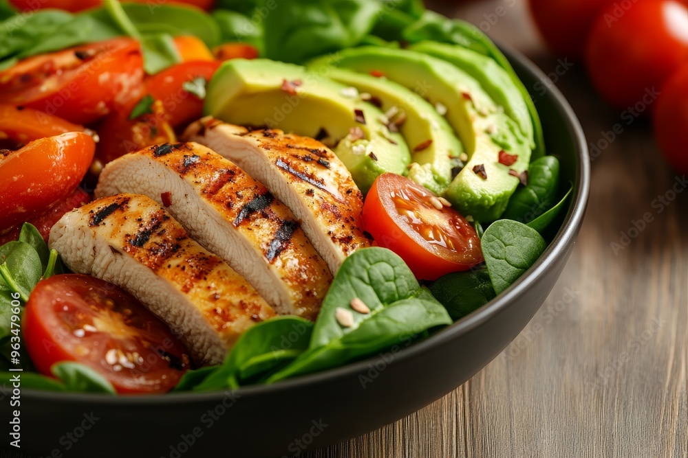 A healthy and flavorful salad featuring grilled chicken breast, fresh spinach, ripe tomatoes, and creamy avocado slices. This salad is a perfect light meal or side dish. A healthy and flavorful salad featuring grilled chicken breast, fresh spinach, ripe tomatoes, and creamy avocado slices. This salad is a perfect light meal or side dish.
