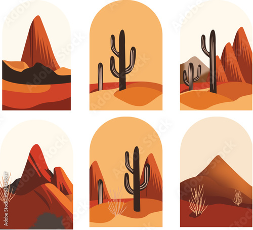 Set of four minimalist landscape illustrations featuring mountains, hills, and desert scenes in various color palettes and styles, framed in arched windows