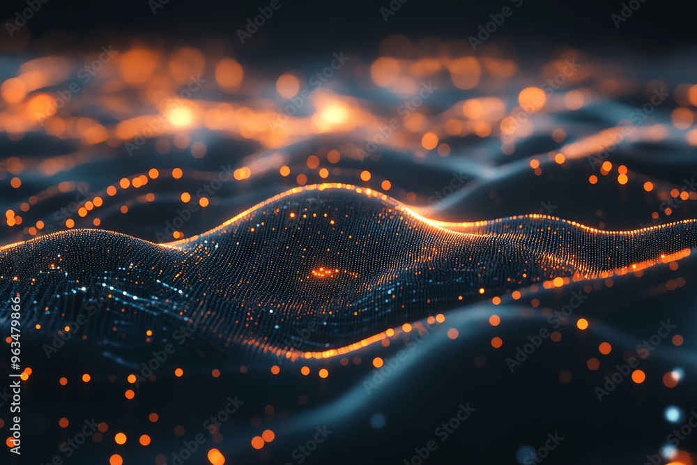 Abstract digital landscape with glowing particles and flowing waves, representing modern technology and data visualization. Abstract digital landscape with glowing particles and flowing waves, representing modern technology and data visualization.