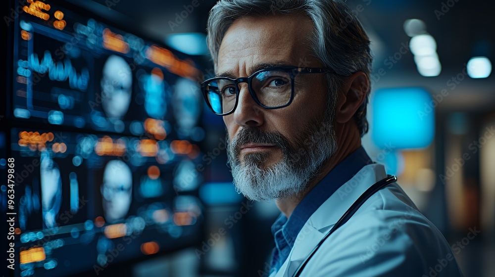 Serious doctor in a white coat looking at computer screen with medical data and analysis. Serious doctor in a white coat looking at computer screen with medical data and analysis.