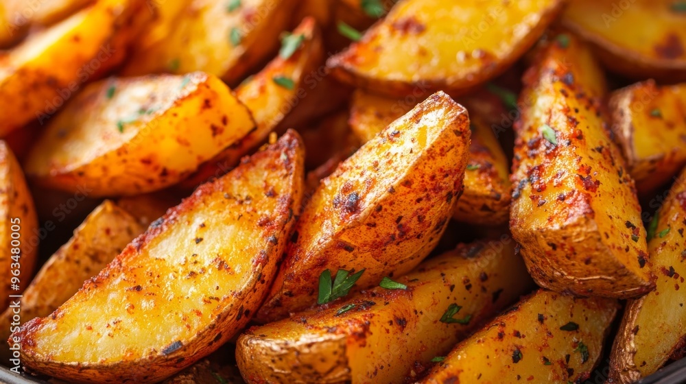 Piquant potato wedges, cooked close Piquant potato wedges, cooked close