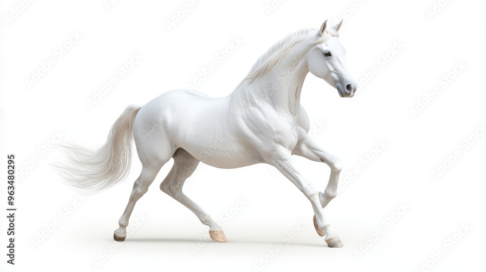 A majestic white horse with a flowing mane and tail is captured in mid-stride, galloping gracefully against a clean white background. The horse's powerful muscles and elegant form are highlighted, sho A majestic white horse with a flowing mane and tail is captured in mid-stride, galloping gracefully against a clean white background. The horse's powerful muscles and elegant form are highlighted, sho