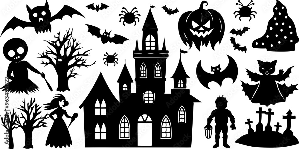 Set of Halloween silhouettes black icon and character. Vector illustration. Isolated on white background.
Set of Halloween silhouettes black icon and character. Vector illustration. Isolated on white background.