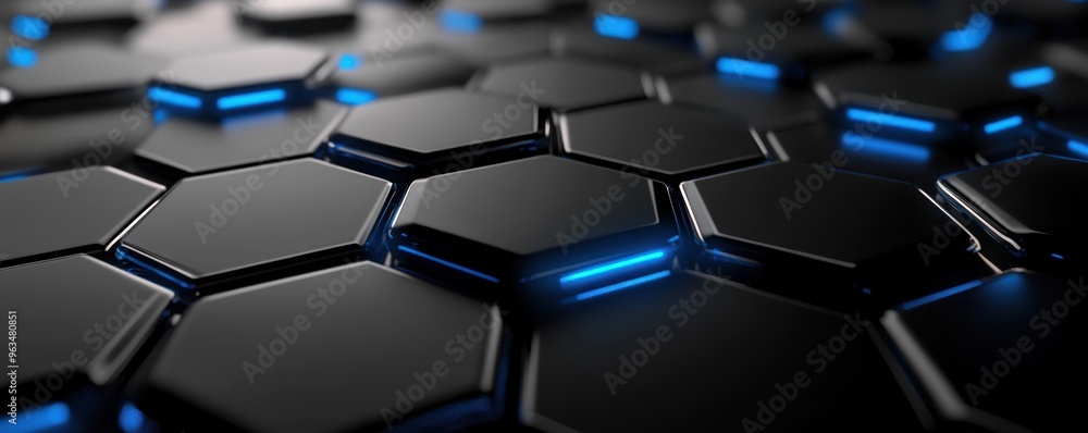 Abstract Black Hexagonal Pattern with Blue Glowing Lines Abstract Black Hexagonal Pattern with Blue Glowing Lines