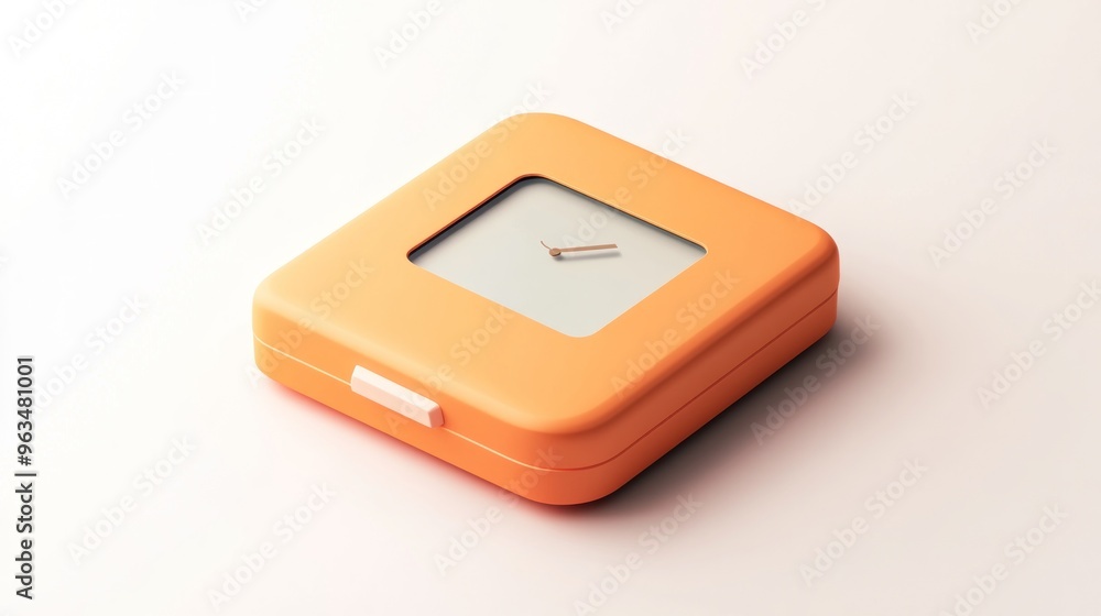 A minimalist orange clock with a square design and simple hands. A minimalist orange clock with a square design and simple hands.