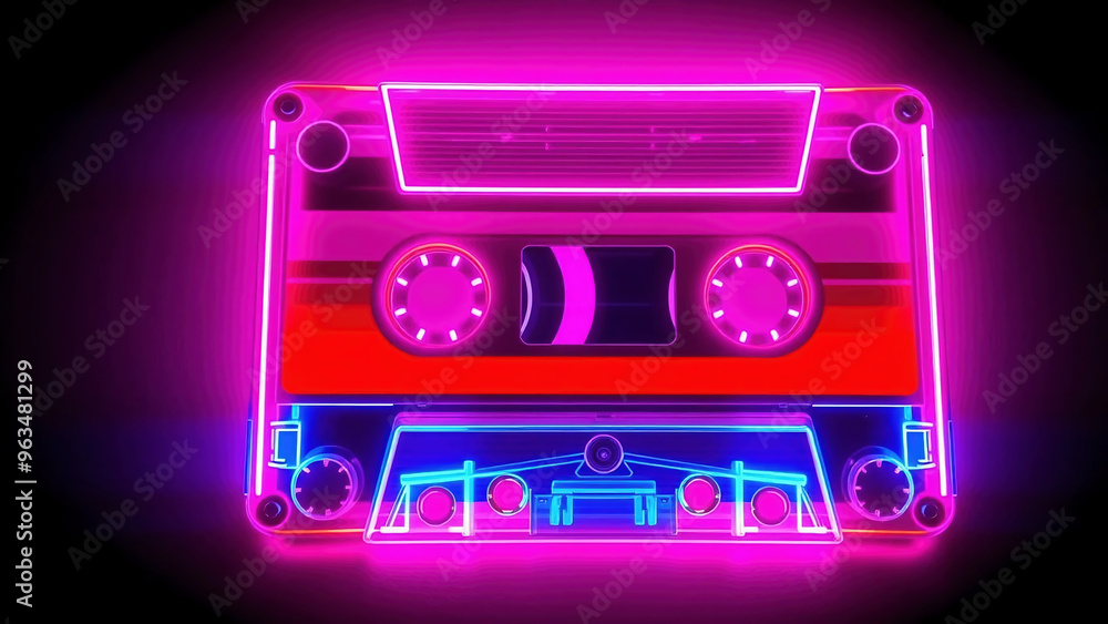 Neon Retro Cassette Tape with Glowing Highlights, AI Generated