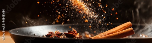 Cinnamon sticks and star anise in a pan with a sprinkle of spice powder creating an aromatic cooking scene. photo