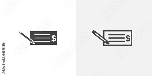 Signing cheque icon in black filled and outlined style