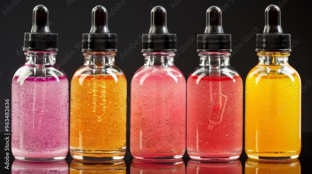 Vibrant array of dropper bottles filled with colorful liquids on a dark background Vibrant array of dropper bottles filled with colorful liquids on a dark background