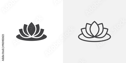 Water lily icon in black filled and outlined style