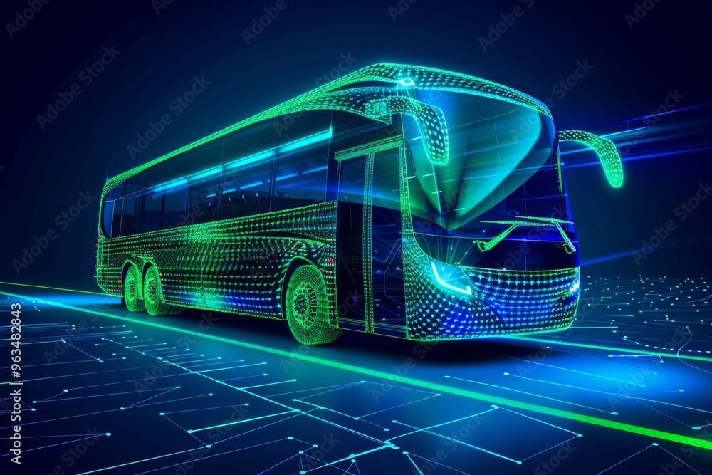 Digital green high-speed bus in low poly wireframe, the future of ...