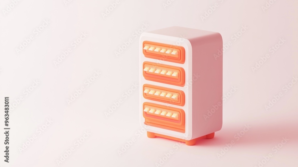 A modern, compact storage unit with four drawers in a white and orange color scheme. A modern, compact storage unit with four drawers in a white and orange color scheme.