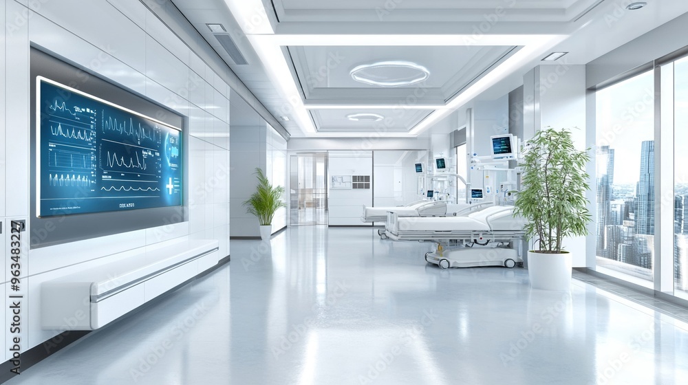 High-tech hospital environment with real-time patient monitoring via IoT devices telemedicine platform displaying vitals High-tech hospital environment with real-time patient monitoring via IoT devices telemedicine platform displaying vitals