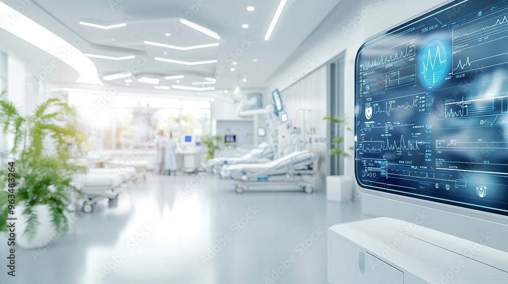 High-tech hospital environment with real-time patient monitoring via IoT devices telemedicine platform displaying vitals
