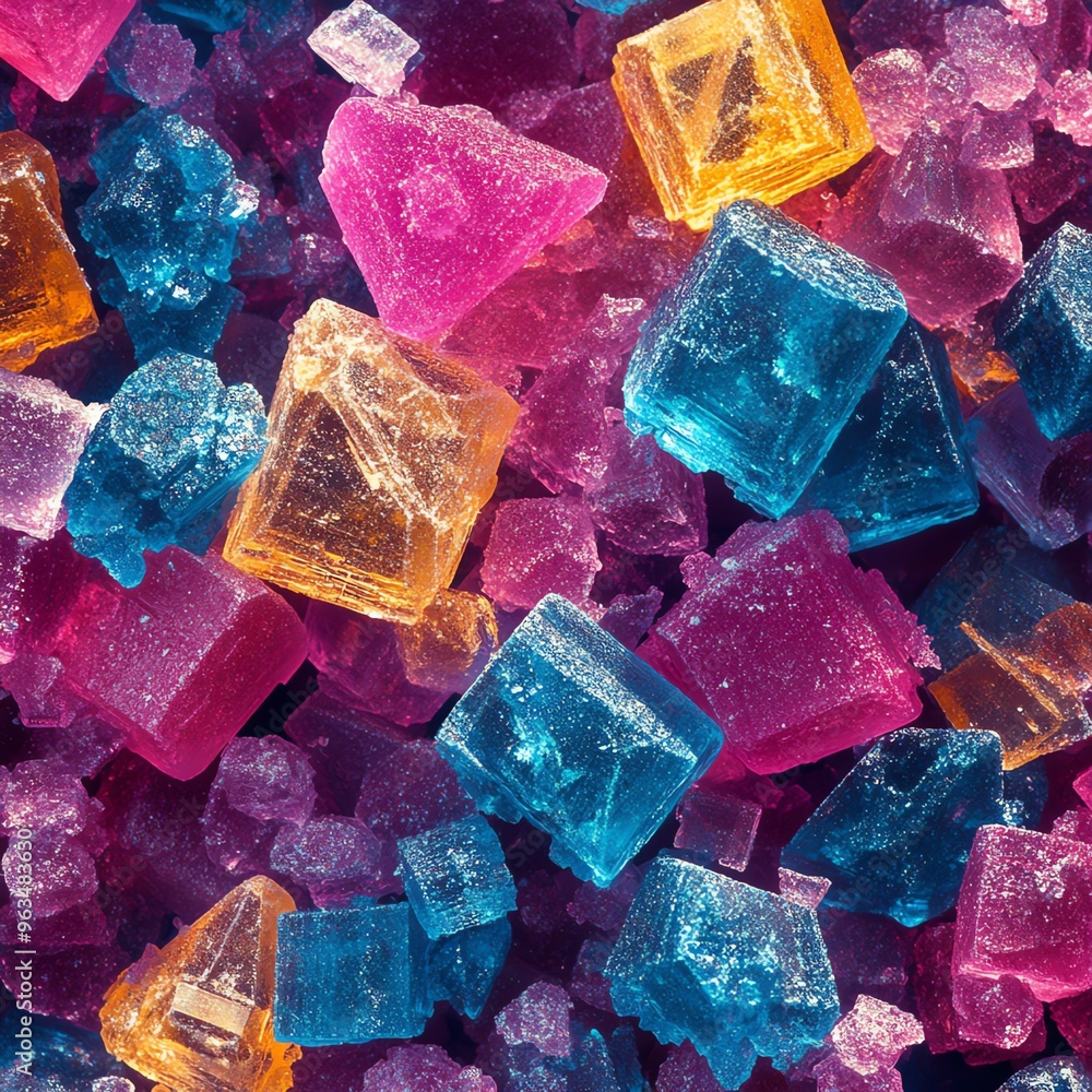 Colorful close-up of vibrant crystal structures in pink, blue, and orange hues, showcasing a stunning geometric arrangement. Colorful close-up of vibrant crystal structures in pink, blue, and orange hues, showcasing a stunning geometric arrangement.