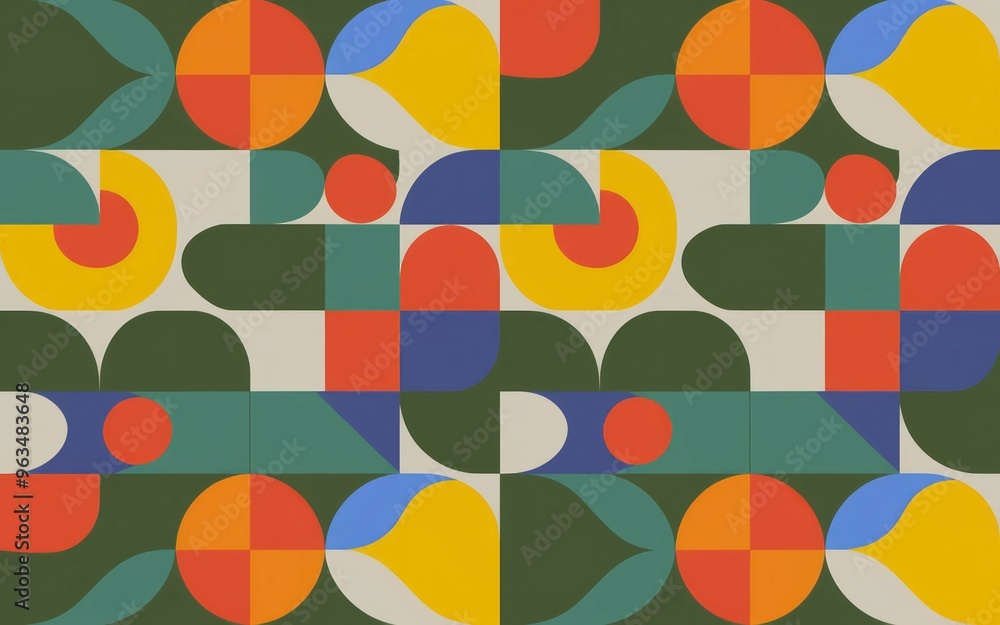 custom made wallpaper toronto digitalGeometric abstract pattern. Vibrant geometric shapes in red, orange, yellow, green, blue create a modern, minimalist design.