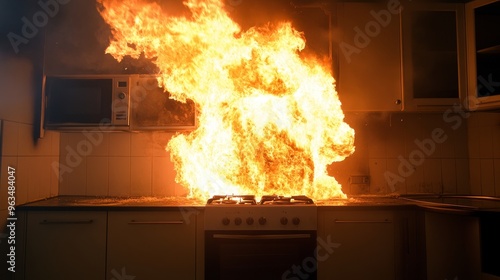 A powerful image capturing the intensity of a raging kitchen fire. The flames engulf the stove and countertops, threatening to spread to the rest of the home. The image symbolizes danger, destruction,