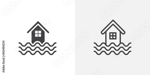 Flooded house icon in black filled and outlined style