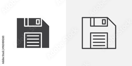 Floppy disk icon in black filled and outlined style