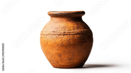 A rustic, hand-crafted earthenware vessel, possibly used for storage or decoration. Its warm brown tones and textured surface speak to its age and history, symbolizing tradition, simplicity, and a con photo