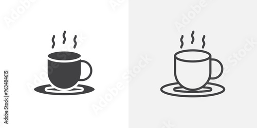Hot coffee cup icon in black filled and outlined style