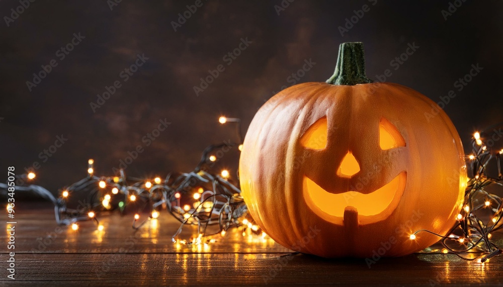 Fototapeta premium pumpkin in lights with fairylights glow on table with background