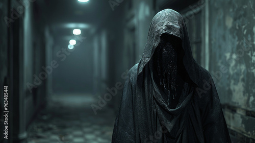 A black-hooded man, a ghost among people, walks in the dark, her face hidden in a mask of horror