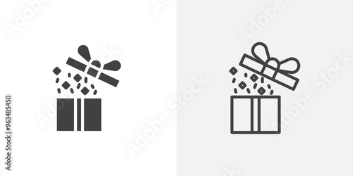 Open gift box icon in black filled and outlined style
