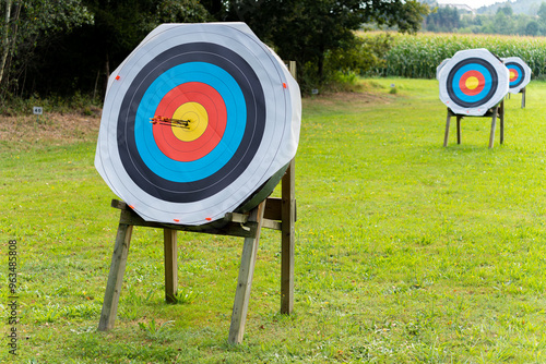 Six arows on archery target sticking in center middle on archery shooting range 1