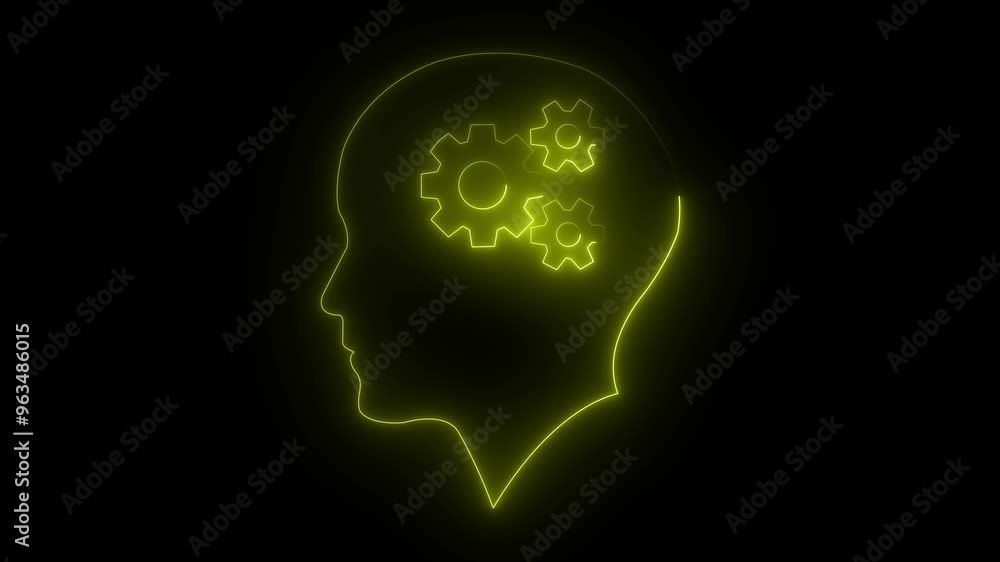 Glowing neon line yellow color Human head with gear silhouette icon isolated on black background. Human head with gear neon line settings icon animation. on black background Glowing neon line yellow color Human head with gear silhouette icon isolated on black background. Human head with gear neon line settings icon animation. on black background