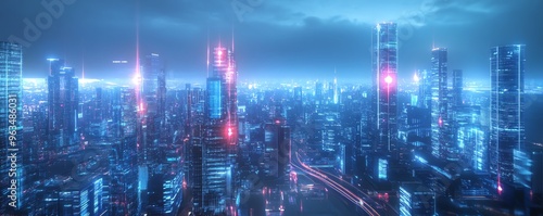 Futuristic cityscape with neon lights, high-rise buildings, and glowing skyscrapers, illustrating a vibrant urban environment at night.