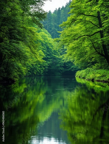 A serene photograph capturing the beauty of a tranquil forest river. The lush green foliage reflects perfectly in the still water, creating a mirror-like image. The scene evokes feelings of peace, tra