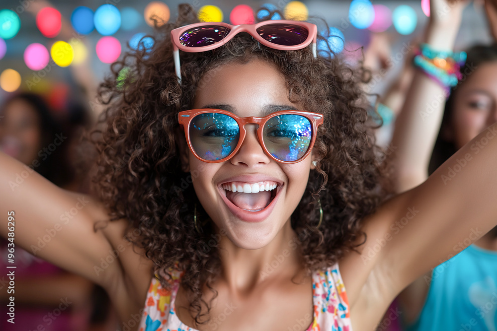 Dancing and Smiling Under Colorful Lights at Party Dancing and Smiling Under Colorful Lights at Party