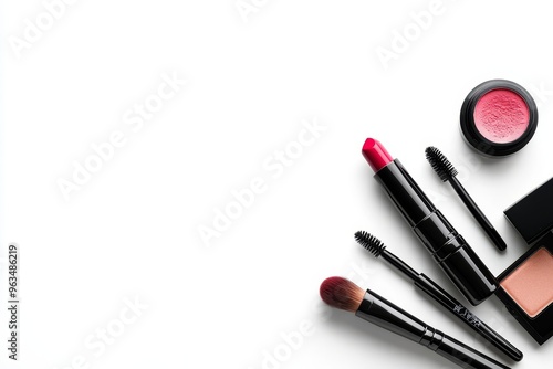 A set of makeup essentials, including lipstick, eyeshadow, mascara, and brushes, neatly arranged on a white background. The products are arranged in a visually appealing way, showcasing their elegance