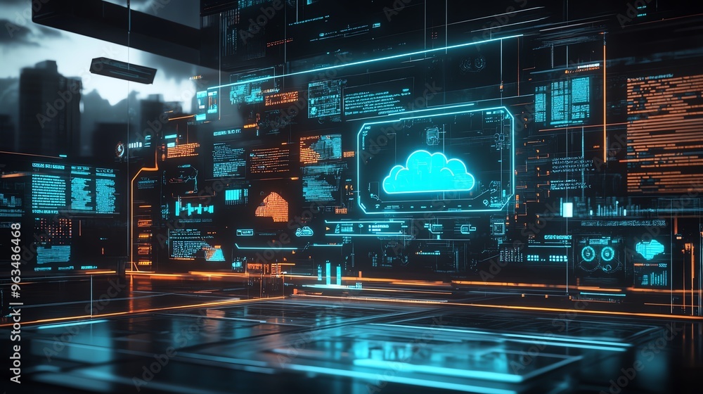 Futuristic digital interface displaying cloud technology concepts with data visualization, city skyline background, and holographic elements. Futuristic digital interface displaying cloud technology concepts with data visualization, city skyline background, and holographic elements.