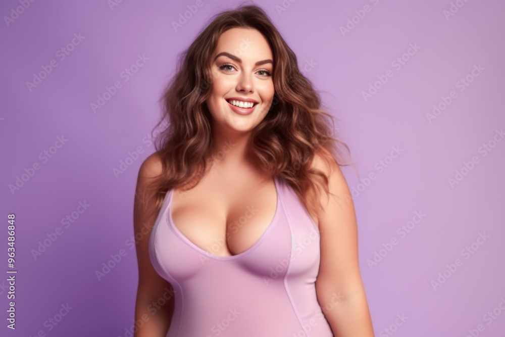 Happy plus size model in a top bra, beautiful fat woman with makeup and hairstyle on a purple background, body positive concept Happy plus size model in a top bra, beautiful fat woman with makeup and hairstyle on a purple background, body positive concept