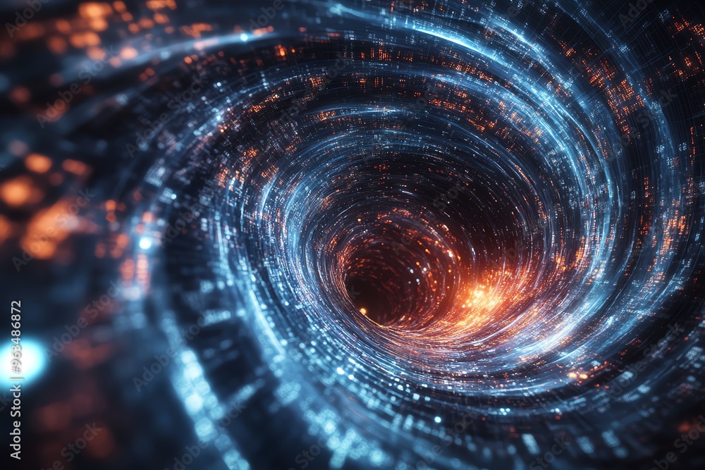 Obraz premium Futuristic glowing vortex creating a mesmerizing effect with bright blue and orange lights, symbolizing technology and space phenomena.