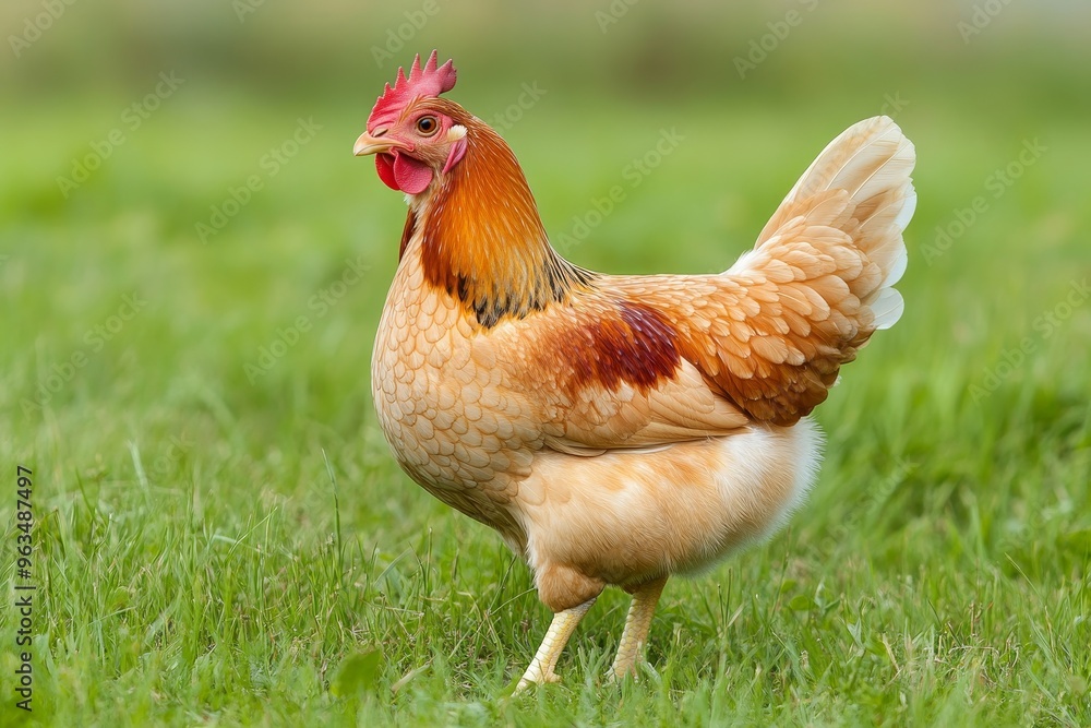 Fototapeta premium A single, healthy chicken, likely a hen, stands in a lush green meadow, showcasing its vibrant plumage and the tranquility of a rural setting. The image evokes feelings of peace, nature, and simple be
