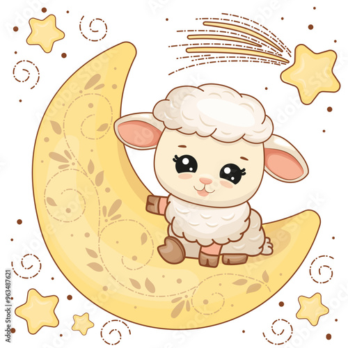 Adorable sheep sitting on the moon. Hand drawn cute vector character. Vector illustration of cartoon sheep on white background