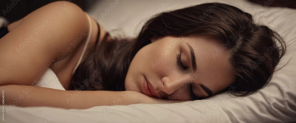 Brunette girl with long eyelashes peacefully sleeping on bed, showcasing serene moment during early morning hours. Brunette woman sleeps soundly on pillow. Tranquility and calmness. AI art. Morning Brunette girl with long eyelashes peacefully sleeping on bed, showcasing serene moment during early morning hours. Brunette woman sleeps soundly on pillow. Tranquility and calmness. AI art. Morning