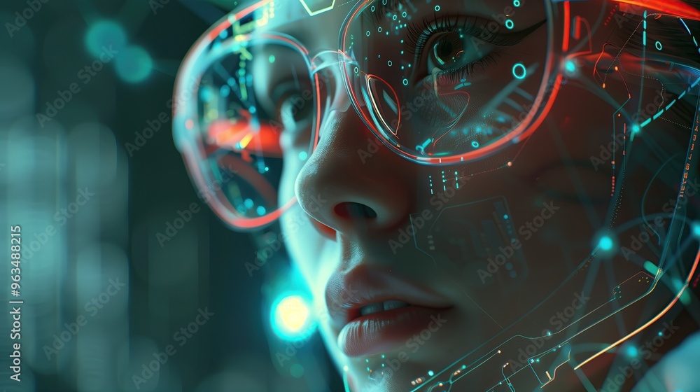 A futuristic close-up of a woman in augmented reality immersed in a digital world.A girl and the modern world of neural networks.A researcher in outer space or sci-fi.Free space A futuristic close-up of a woman in augmented reality immersed in a digital world.A girl and the modern world of neural networks.A researcher in outer space or sci-fi.Free space