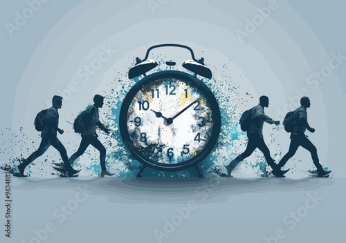 Business People Running Around the Clock Representing 24/7 Work Culture and Continuous Busy Schedule in Minimalistic Vector Illustration