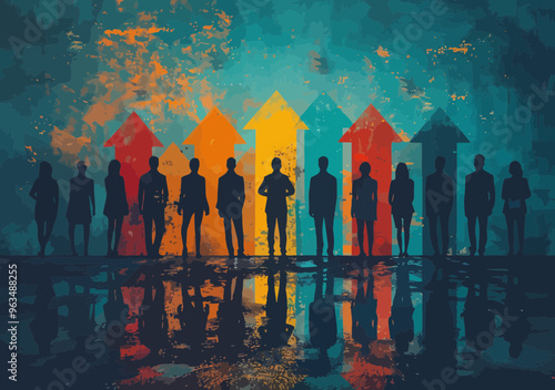 Business Team Standing in Front of Colorful Arrows Representing Multiple Options and Directions, Concept of Decision Making and Strategy, Silhouettes on Artistic Background