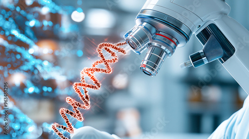 Microscope Visualizing DNA Helix in a Lab Environment photo